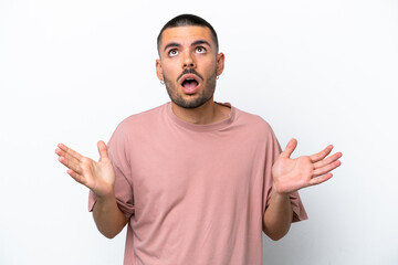 Young caucasian man isolated on white background stressed overwhelmed
