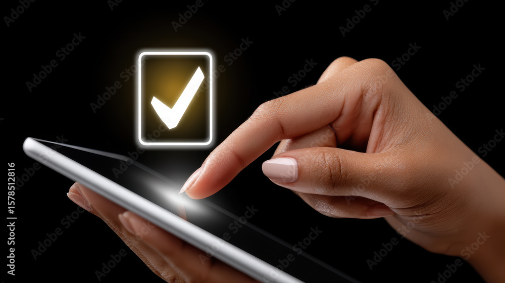 Poster hand interacts with touchscreen device, tapping glowing checkmark icon, symbolizing approval or comp