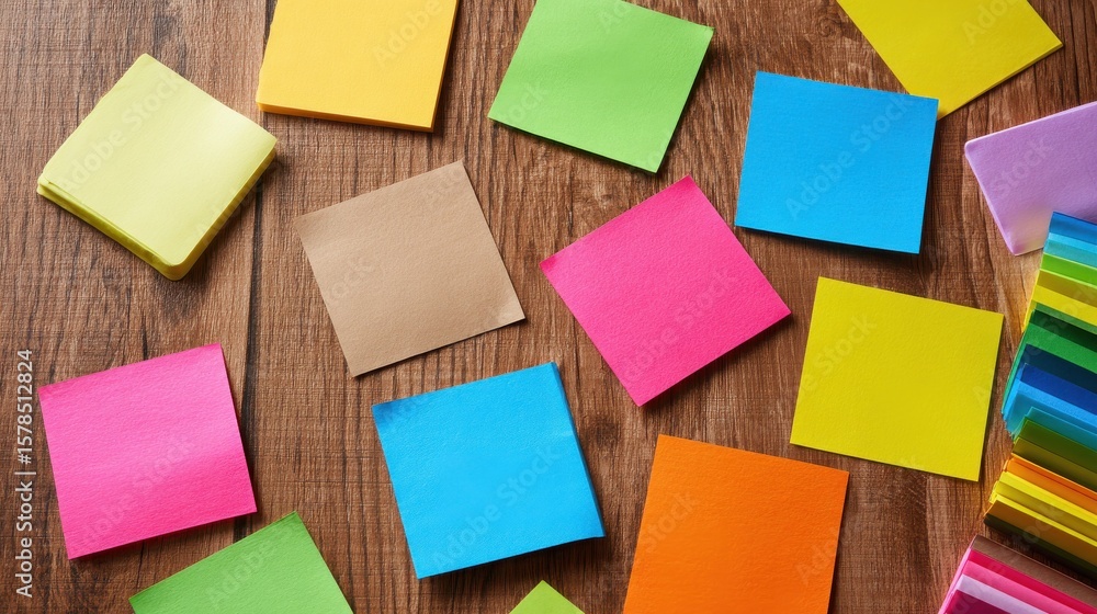 Poster group brainstorming session with colorful sticky notes on wooden table background, top view.