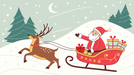 Santa Claus rides sleigh through snowy blue skies above forests and snowmen in joyful Christmas celebration. Illustration shows happiness, warmth, and festive hope. christmas,santa claus,reindeer