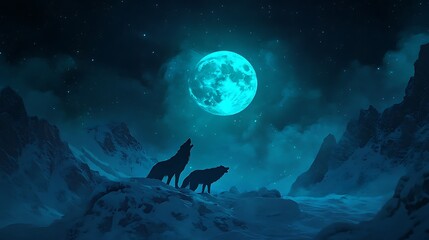 Wolves underneath full moon landscape