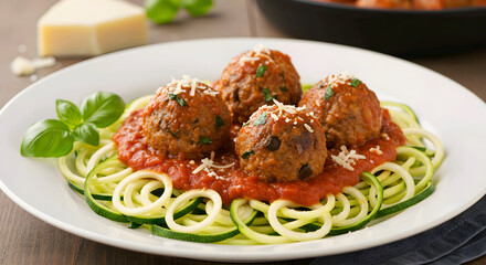 The image shows a plate of zucchini noodles topped with meatballs and marinara sauce, garnished with parsley and cheese.