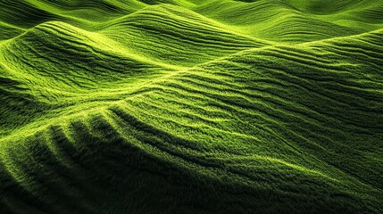 Abstract textured green landscape with undulating hills and shadows.