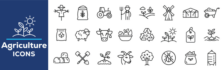 Agriculture and farming line icon set. Vector pictograms of crops, tractor, farmer, barn, harvest, irrigation, seeds, livestock, weather, and equipment thin linear illustration.