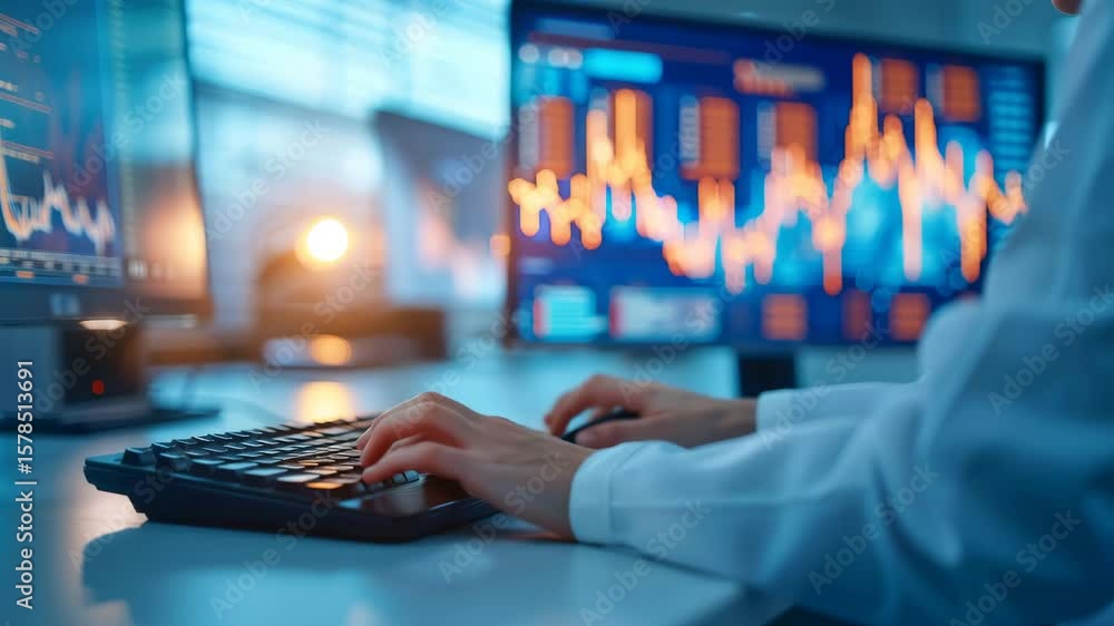 Poster person working on a computer with multiple monitors displaying financial charts and data.