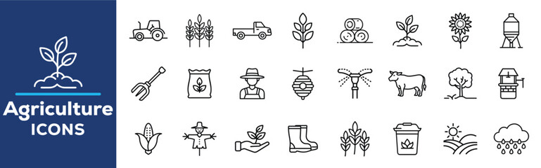 Agriculture and farming line icon set. Vector pictograms of crops, tractor, farmer, barn, harvest, irrigation, seeds, livestock, weather, and equipment thin linear illustration.