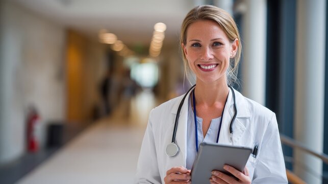 smiling female healthcare professional, stands in a hospital corridor holding a tablet