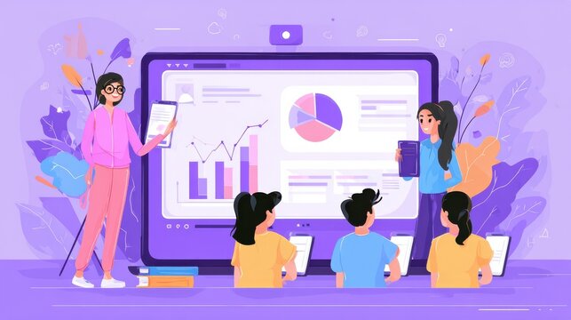 Students watching online training video with teacher and chart on tablet. Online teaching, share your knowledge, english teacher online concept. Website vibrant violet landing web page template., no  - Powered by Adobe