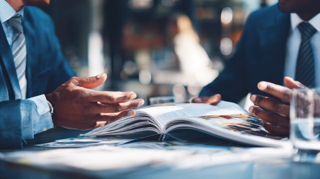 Advisors passing around printed case studies on successful ESG funds and discussing strategies, ESG funds, investment planning - Powered by Adobe