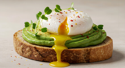 A poached egg rests on avocado slices atop whole grain bread, garnished with microgreens and a sprinkle of red pepper flakes.