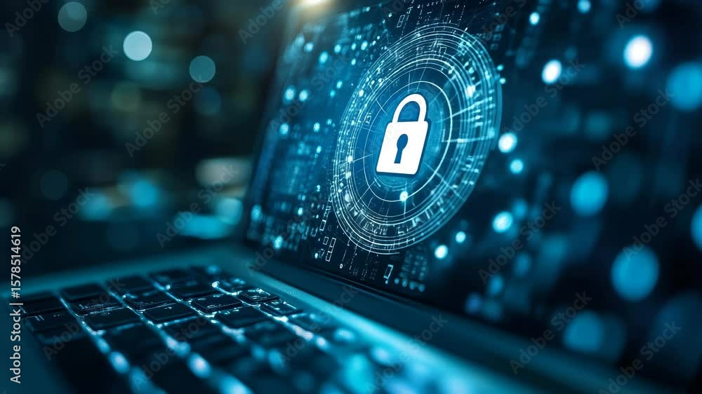 Poster laptop screen displaying a digital padlock icon representing cybersecurity and data protection.