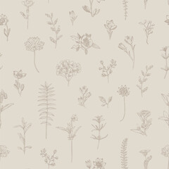 Seamless flowers and blades of grass. Toile design in beige tones.