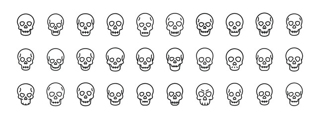 Skull line icon set. Vector pictograms of human skulls, horror, skeleton head, bone structure, Halloween, danger signs, thin linear illustration.