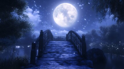 Wooden bridge under full moon nighttime landscape