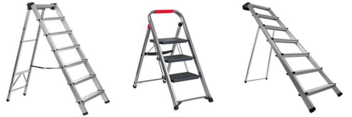 Three Different Angle Views Of A Silver Metal Ladder Isolated On A White Background Showing The Steps And Frame Design