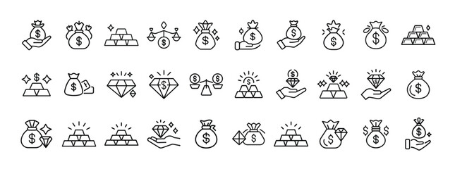Finance and wealth icon set. Vector pictograms of money bag, gold bars, investment, diamond, hand holding coin, financial growth, rich, savings, banking, thin linear illustration.