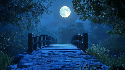 Wooden bridge under full moon