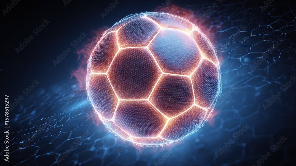 Poster an illustration featuring a glowing soccer ball against a blue background with a hexagonal grid patt