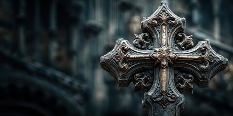 Ornate cross in gothic cathedral setting