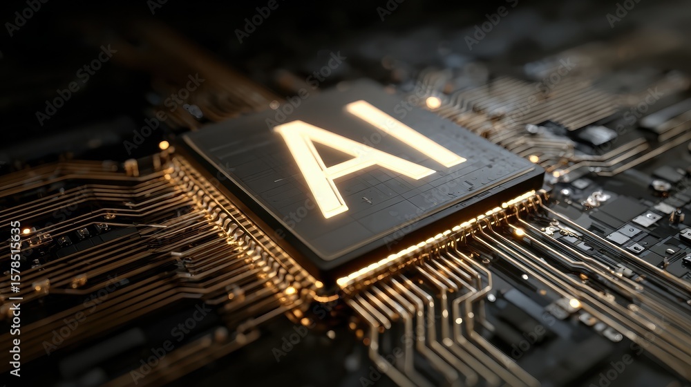 Poster ai power: glowing ai logo embedded in a circuit board, signifying technological advancement and arti