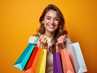 Happy Woman Holding Colorful Shopping Bags on Vibrant Background