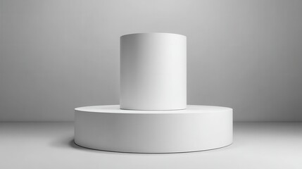 Two white cylindrical podiums, one atop the other.