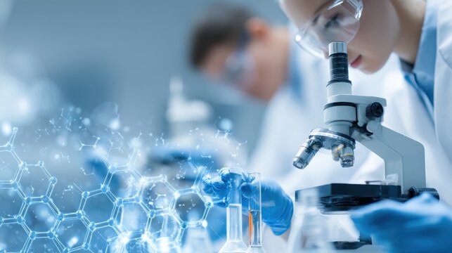 science, chemistry, technology, biology and people concept - young scientists with test tube and microscope making research in clinical laboratory over blue molecular structure background, no logos, 