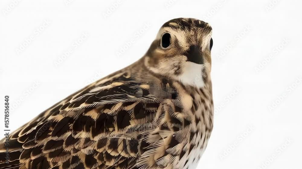 Poster side profile close-up of a small songbird with patterned plumage on a white backdrop, showcasing det