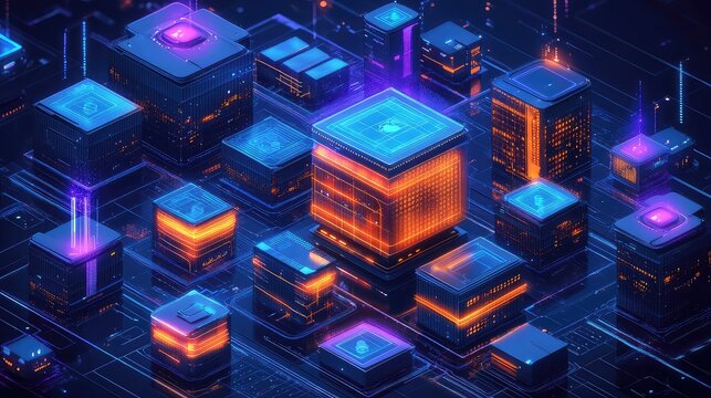 Containerized architecture diagram showing layered nodes, microservices blocks, and orchestration interfaces in a futuristic software environment layout