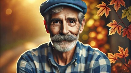 Close-up portrait of elderly man in blue checkered shirt and flat cap, smiling warmly
- Powered by Adobe