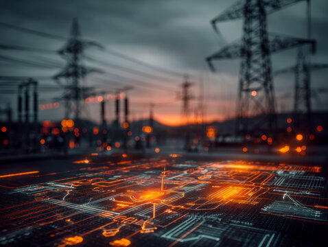 Digital interface overlay of smart grid technology at sunset with power lines and transmission towers