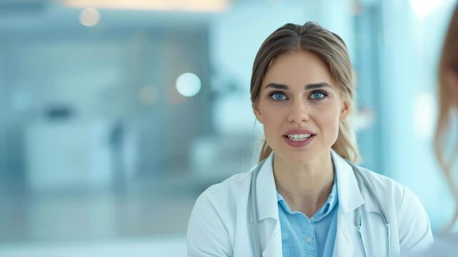 Smiling doctor with a stethoscope around her neck, looking at the camera with a blurred medical background.