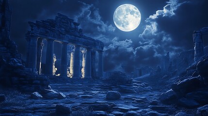 Ancient ruins at night under full moon
