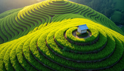 Fototapeta premium Verdant Terraces: A Cabin Nestled Amidst Golden Light, Showcasing Agricultural Beauty
