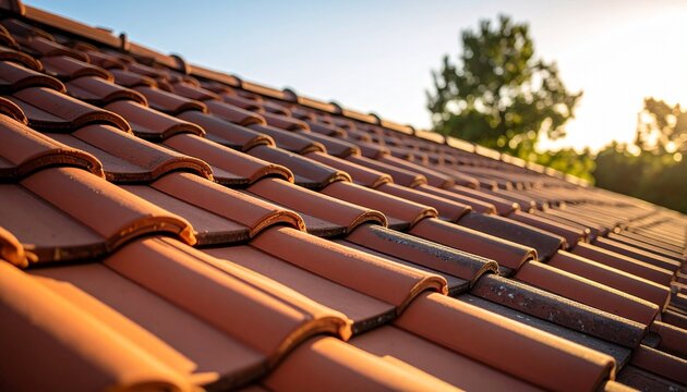 Close-up view of a terracotta tile roof, with sunlight illuminating the surface.