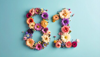 Number 81 made out of flowers with colored background. Photo for 81st birthday or anniversary party