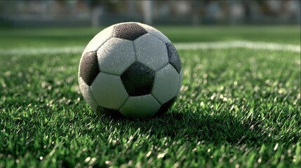 Fototapeta premium A soccer ball on a green turf field.
