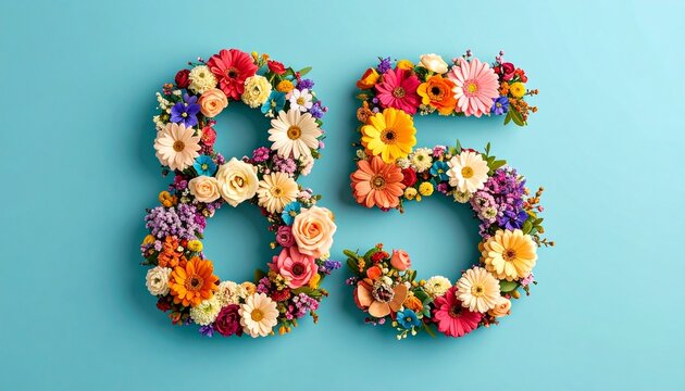 Number 85 made out of flowers with colored background. Photo for 85th birthday or anniversary party