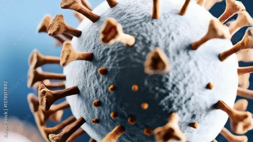Poster 3d render of virus particle with protruding spikes on a blue background, showing a microscopic view 
