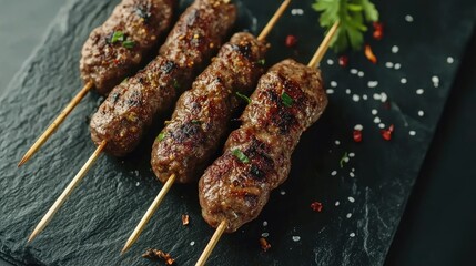 Lula kebab on skewers with spices in a black slate board on a stone background. Top view.