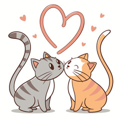 Love Cats Vector Illustration – Cute Cat Couple Sitting Together with Heart-Shaped Tails
