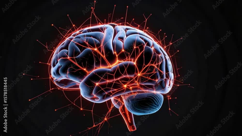 Poster digital rendering showing the brain with neural network connections and energy pathways on a dark ba