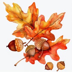 watercolor autumn oak leaves and acorns .
