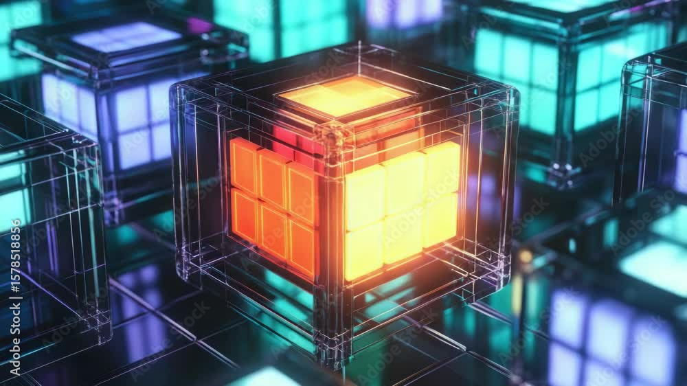 Poster colorful digital cubes in a grid formation on an electronic background, with neon lights creating a 