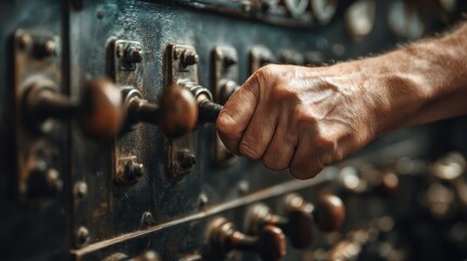 Hand on Industrial Lever Control Panel. Close-up of hand gripping mechanical levers on industrial machine, symbolizing engineering, control, and machinery.