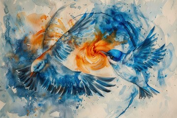 watercolor bird and fish circling each other blue and orange on movement .