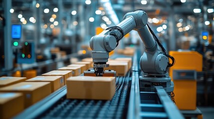 Collaborative robot working alongside human in automated conveyor system, utilizing safety sensors, object recognition, and real-time adjustments