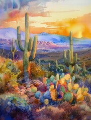 watercolor desert sunset with saguaro cacti .
