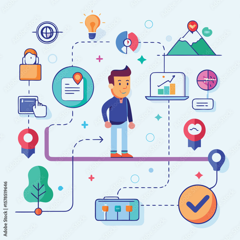 Poster businessman navigating business goals using a workflow process with strategic planning and achieveme