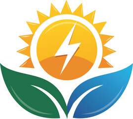 Solar Energy Logo with Sun, Lightning Bolt, and Leaves – Eco-Friendly Power Vector for Renewable Energy, Sustainability, Green Technology, and Environmental Branding
